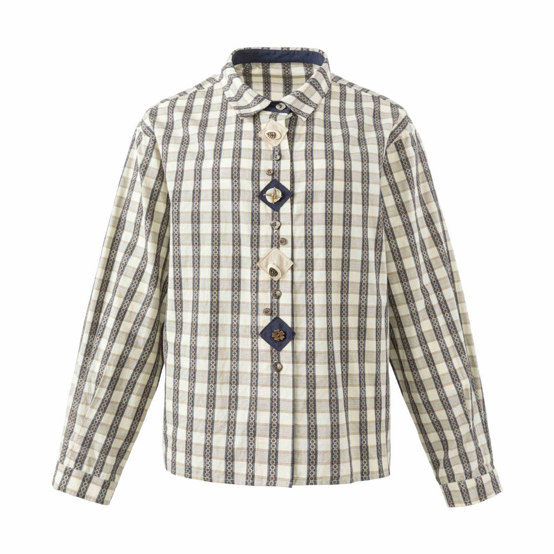 Damen Locker geschnittene Bluse im Vintage‑Karo mit dekorativer Zierknopfleiste Drune