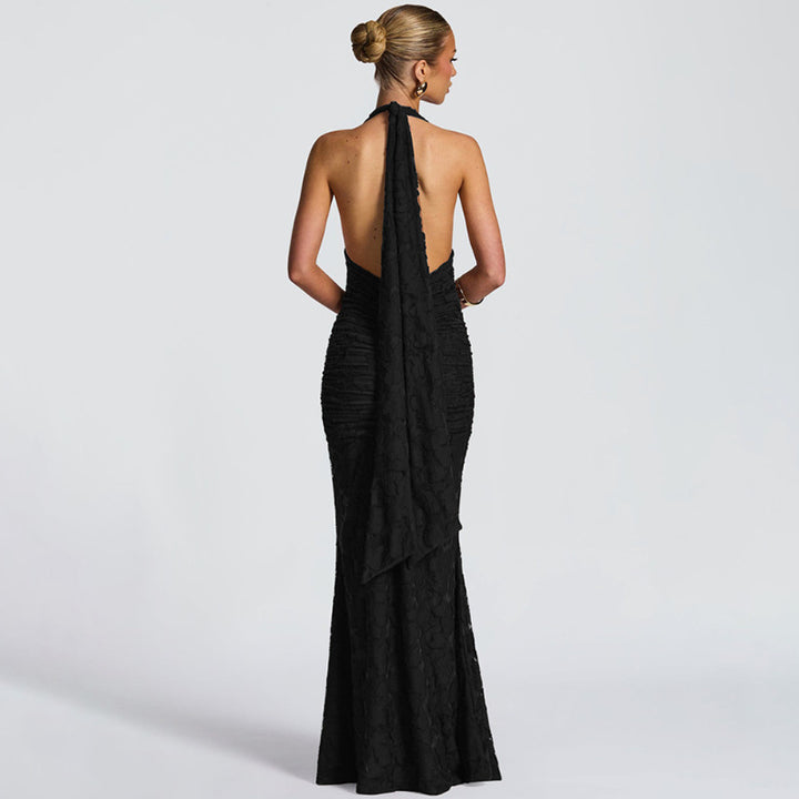 Damen Elegantes Maxikleid mit tiefem V-Ausschnitt und strukturierter Raffung Drune