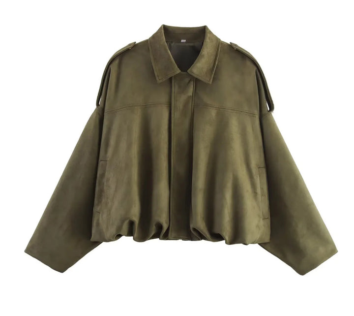 Damen 1000+ weit geschnittene Cropped‑Blousonjacke im Cape‑Look mit Schulterriegeln und gerafftem Saum Drune