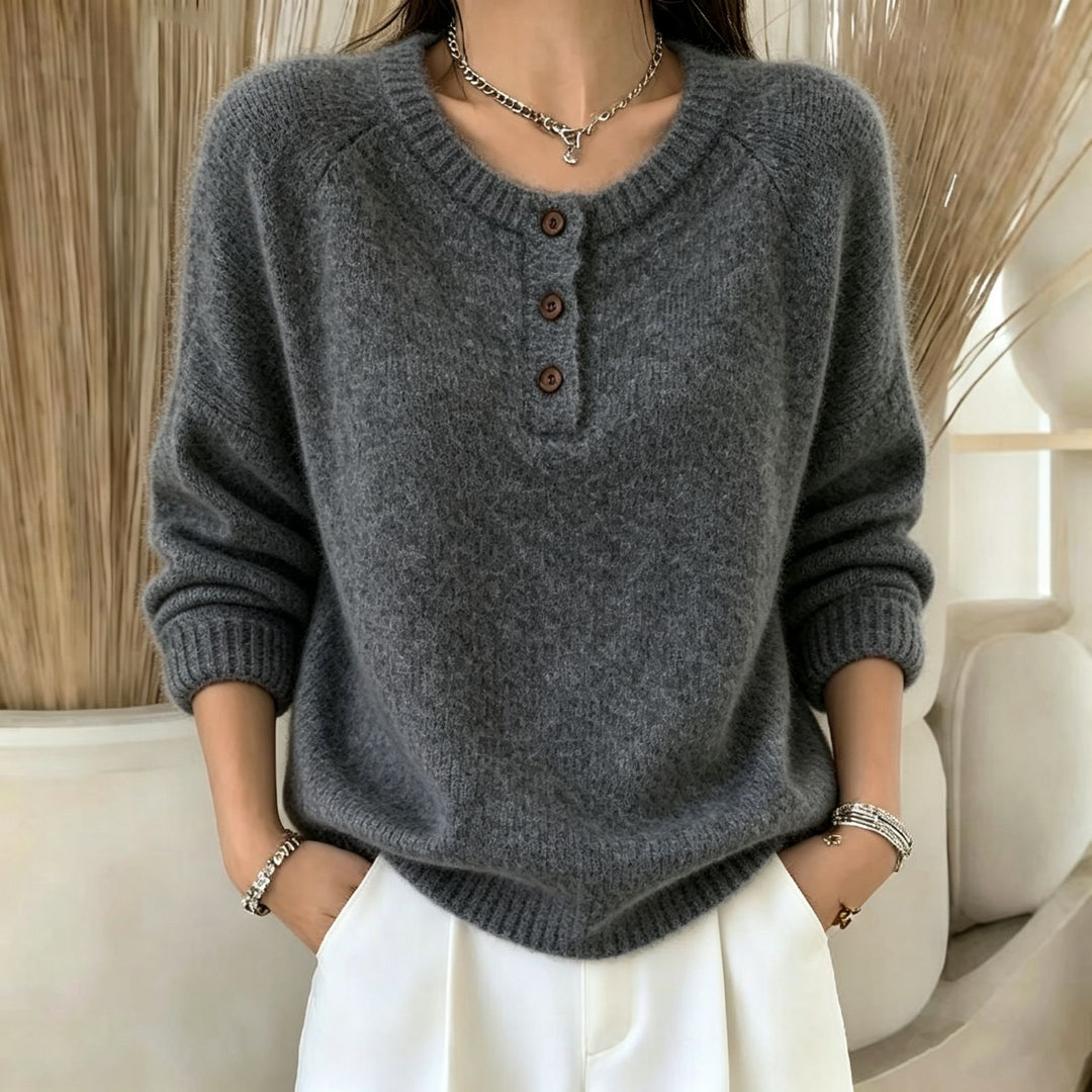 Damen Kuscheliger Rundhals-Henley-Pullover mit Knopfleiste und Raglanärmeln Drune