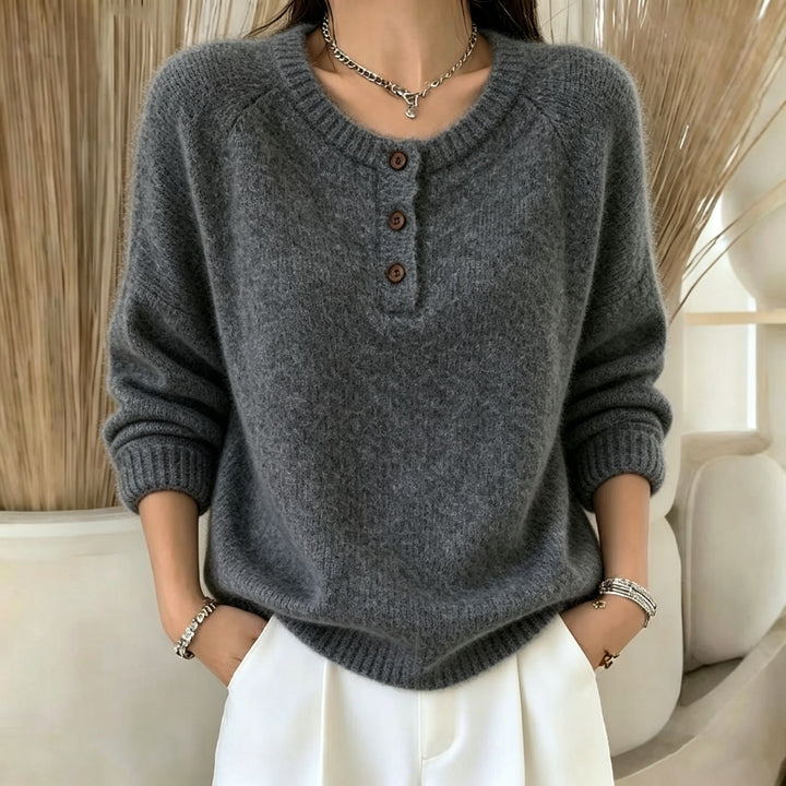 Damen Kuscheliger Rundhals-Henley-Pullover mit Knopfleiste und Raglanärmeln Drune