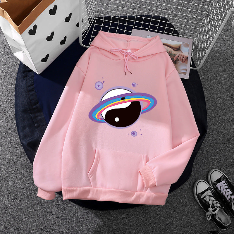 Damen nan Oversized Kapuzenpullover aus Baumwollmischung mit Planeten-Yin‑Yang-Grafik und Kängurutasche Drune