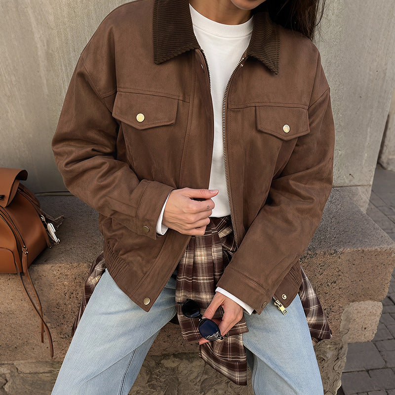 Damen Modische Velours-Lederjacke mit Cordkragen Drune