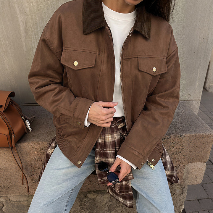 Damen Modische Velours-Lederjacke mit Cordkragen Drune