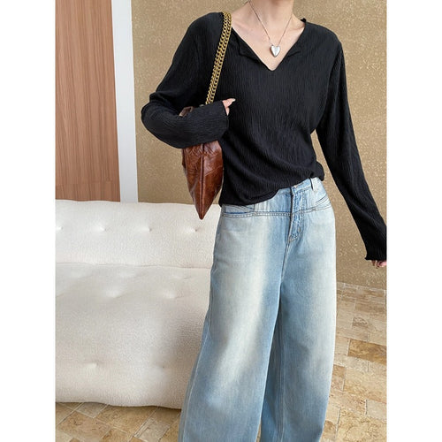 Damen Elegantes Longsleeve-Oberteil mit V-Ausschnitt und feiner Textur Drune