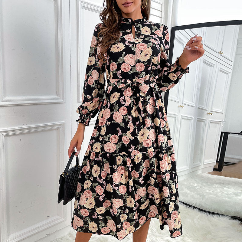 Damen Blumenkleid mit Rüschen und langen Ärmeln Drune