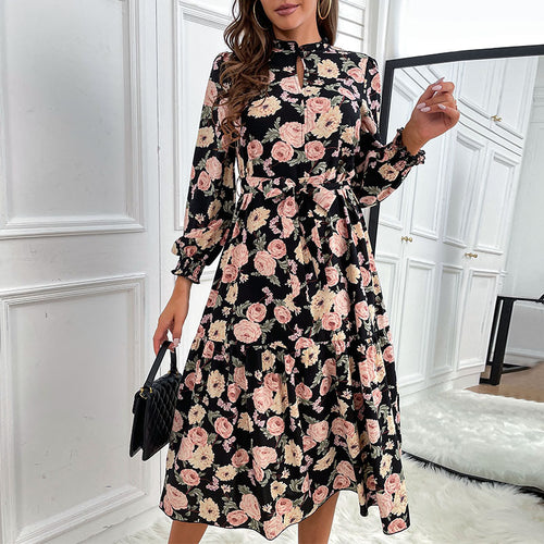 Damen Blumenkleid mit Rüschen und langen Ärmeln Drune