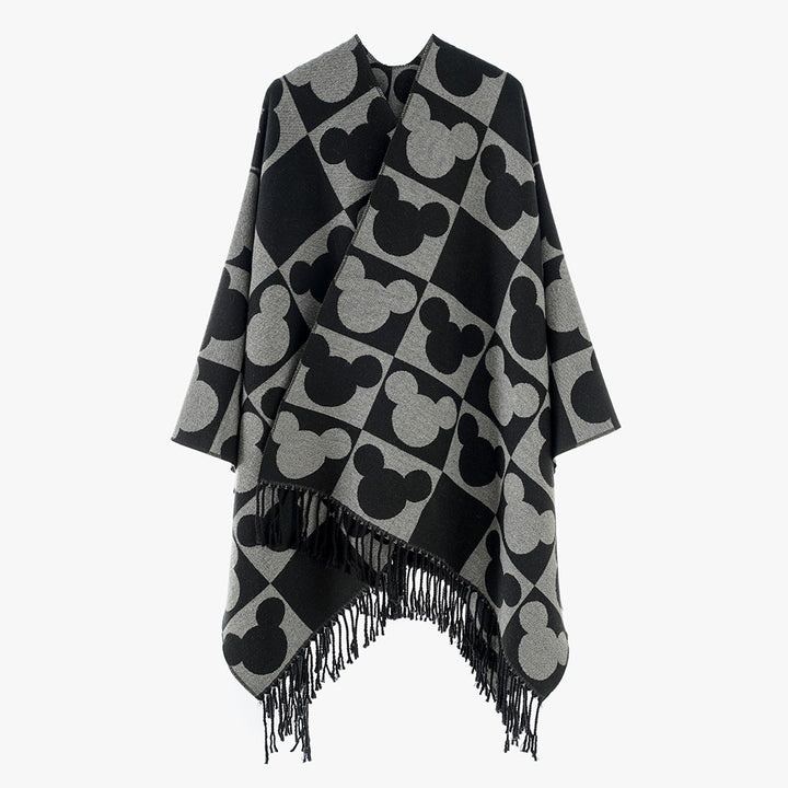 Damen Oversize-Poncho mit Fransen und figurativem Jacquardmuster aus Wollmix Drune