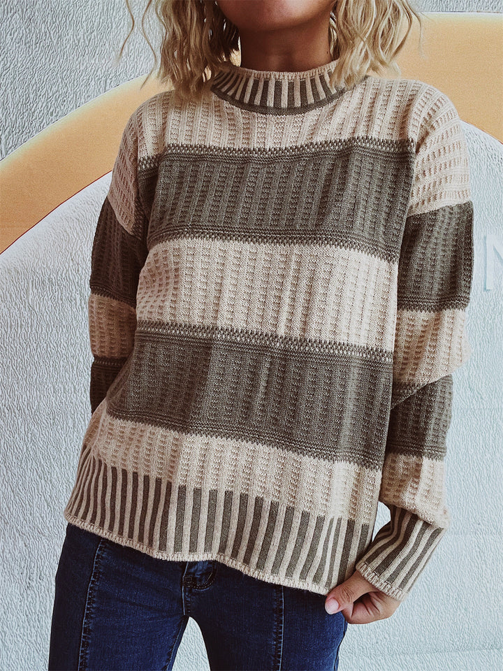 Damen modischer Strickpullover mit einzigartigem Streifenmuster und hohen Bündchen Drune