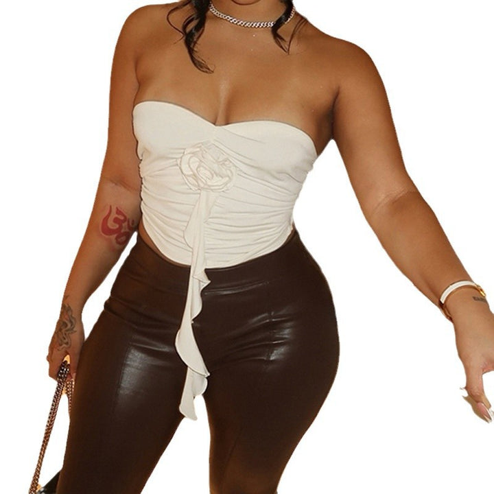 Damen bügelfreies Bustier-Oberteil mit dekorativer Raffung und Blütenapplikation Drune