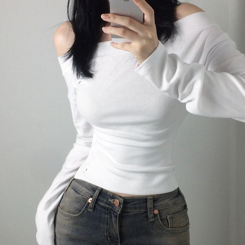 Damen nan schulterfreies Langarmshirt mit taillierter Silhouette und seitlicher Knopfleiste Drune