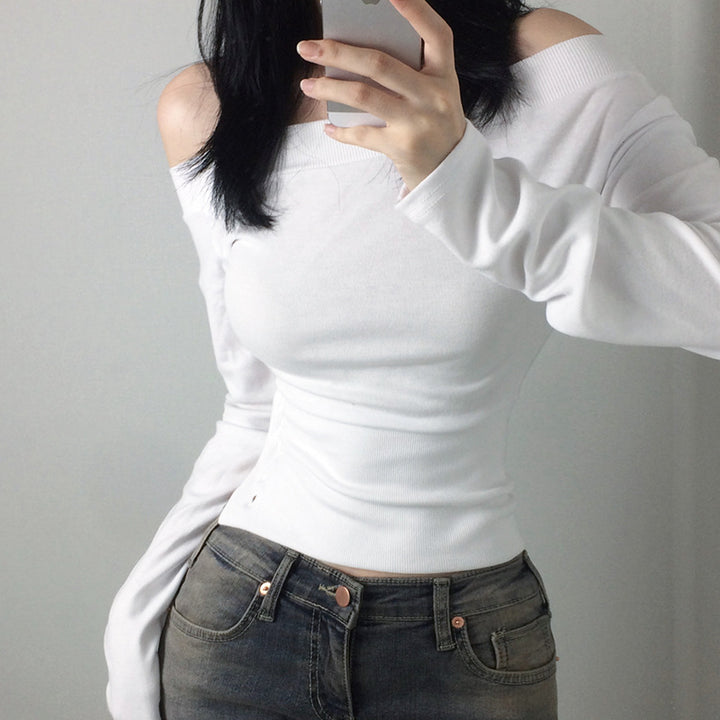 Damen nan schulterfreies Langarmshirt mit taillierter Silhouette und seitlicher Knopfleiste Drune