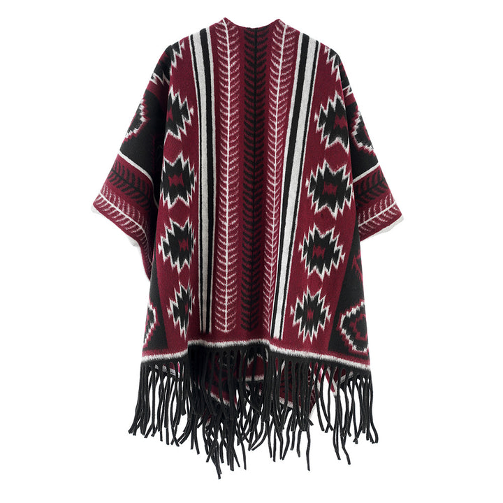 Damen Ethno-Jacquard-Poncho mit Fransen und offenem Oversize-Fall Drune