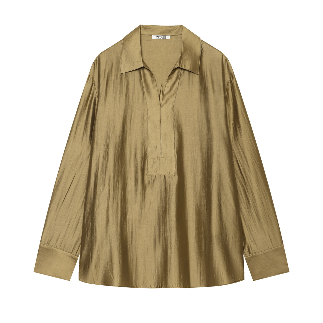 Damen Oversize‑Glanzbluse aus seidenartigem Stoff mit V‑Ausschnitt und verdeckter Knopfleiste Drune