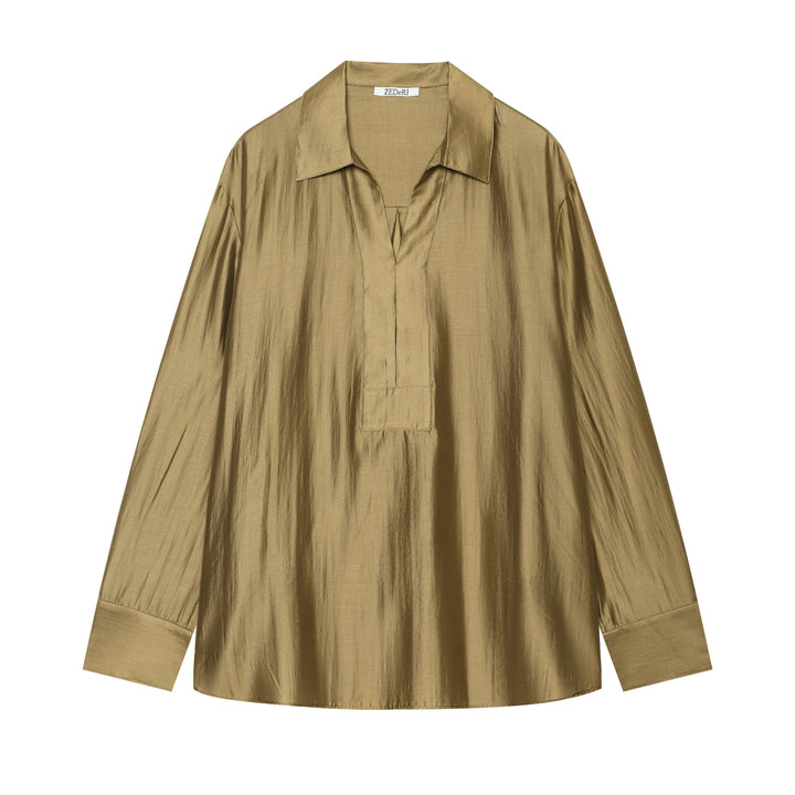 Damen Oversize‑Glanzbluse aus seidenartigem Stoff mit V‑Ausschnitt und verdeckter Knopfleiste Drune