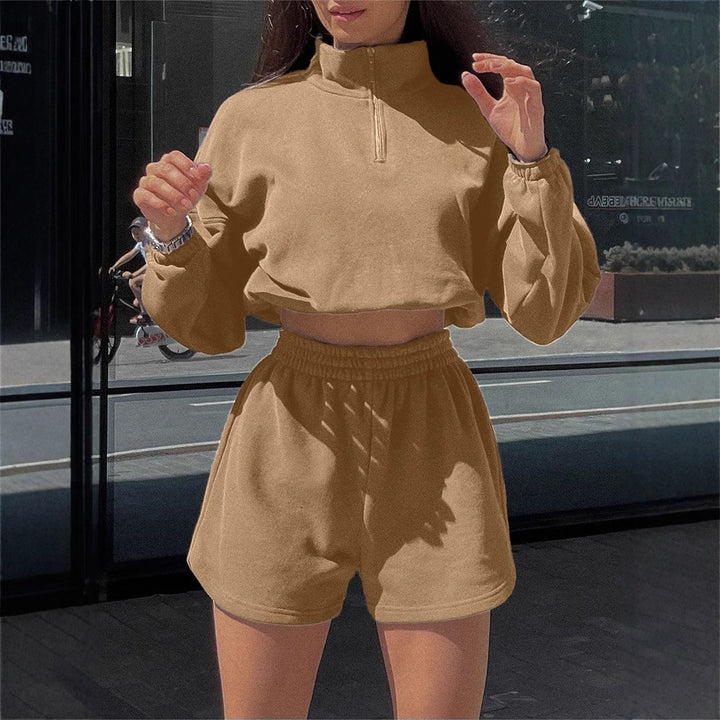 Damen sportliches Cropped Top und Shorts-Set mit Reißverschluss und elastischem Bund