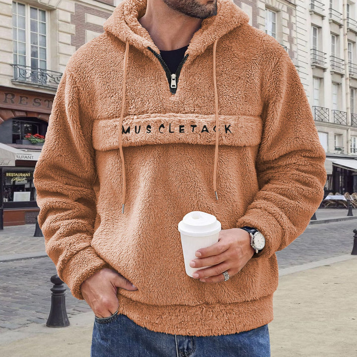 Herren Teddy-Fleece Kapuzenpullover mit halbem Reißverschluss, Kängurutasche und weichem Innenfutter Drune