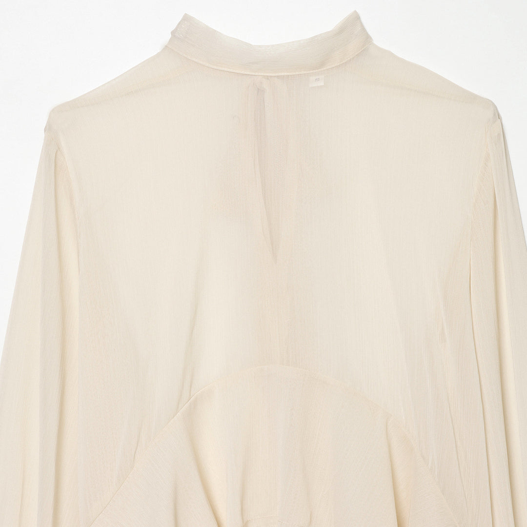 Damen nan transparente Chiffonbluse mit Schleifenkragen, Volantärmeln und Schößchen Drune