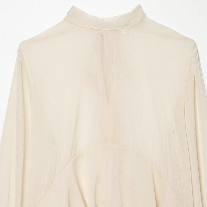 Damen nan transparente Chiffonbluse mit Schleifenkragen, Volantärmeln und Schößchen Drune