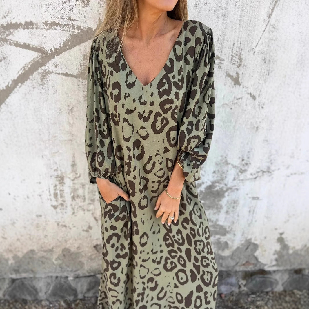 Damen Maxikleid mit exklusivem Leopardenmuster und praktischen Seitentaschen Drune