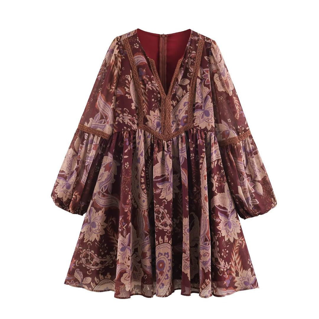 Damen Boho-Minikleid mit V-Ausschnitt, Spitzenbesatz und Ballonärmeln Drune