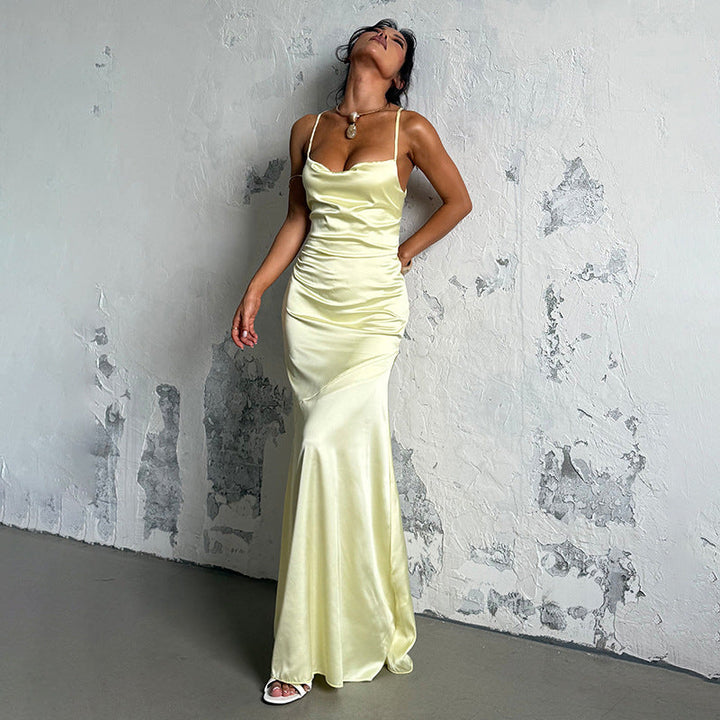 Damen Elegantes Maxikleid aus luxuriösem Satin mit verführerischem V-Ausschnitt Drune