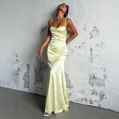 Damen Elegantes Maxikleid aus luxuriösem Satin mit verführerischem V-Ausschnitt Drune