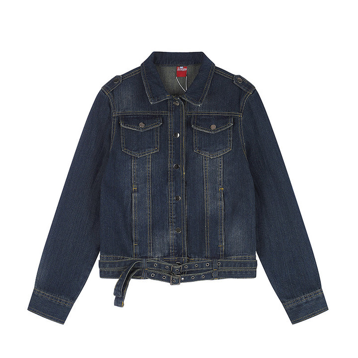 Damen kurze Denimjacke mit Taillengürtel, Druckknopf‑Front und aufgesetzten Brusttaschen Drune