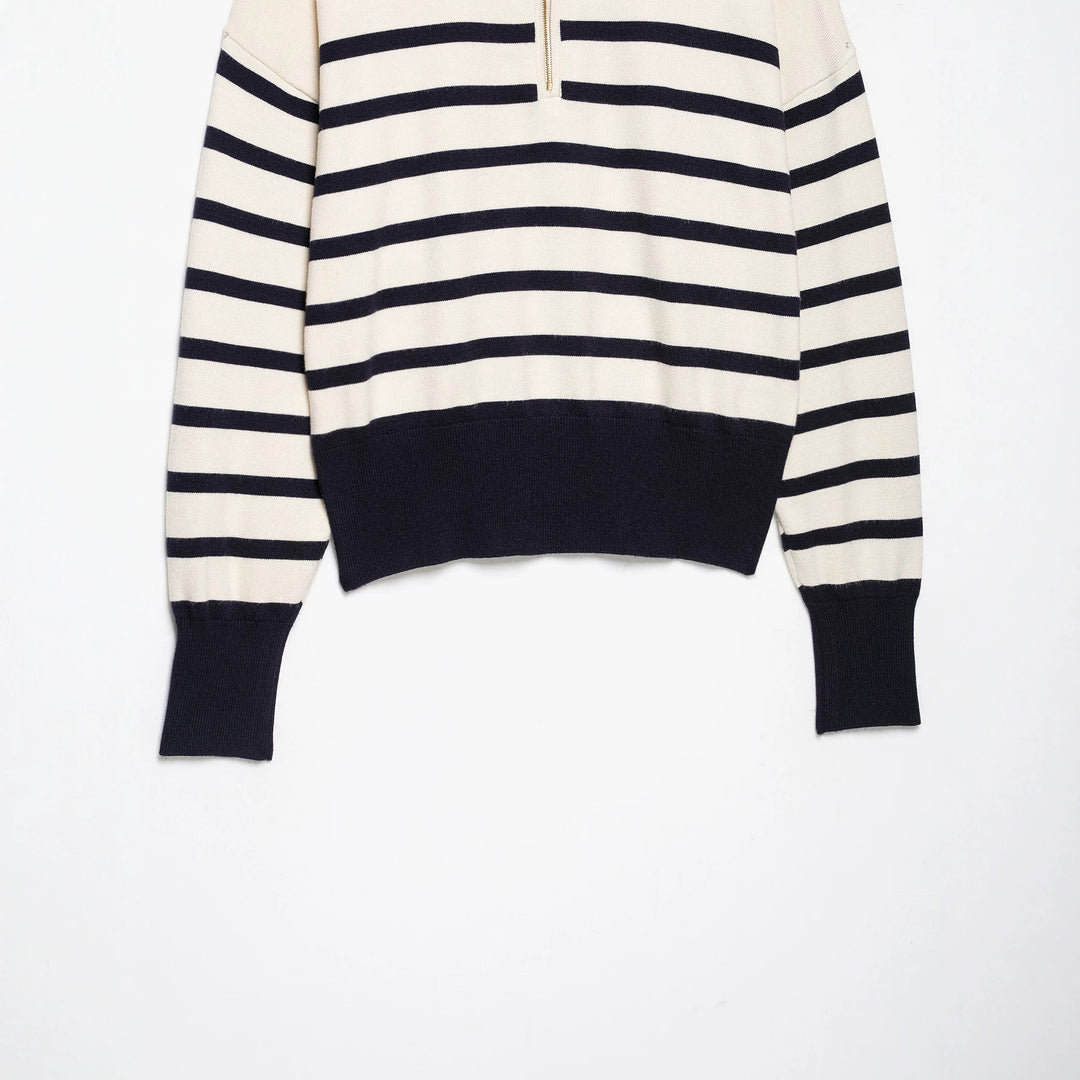 Damen Gestreifter Half-Zip Strickpullover mit Stehkragen Drune