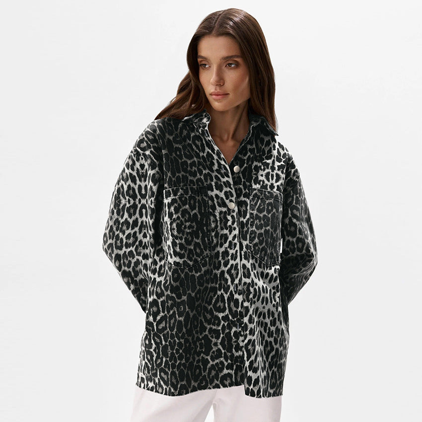 Damen Modische Leoprint Overshirt mit Taschen Drune