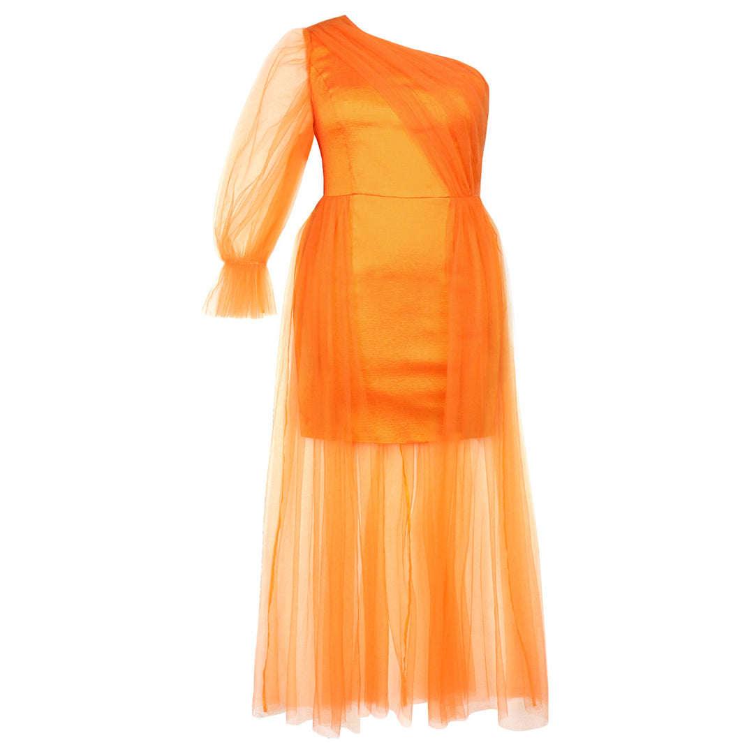 Damen elegantes One-Shoulder Kleid mit transparentem Tüllüberwurf Drune