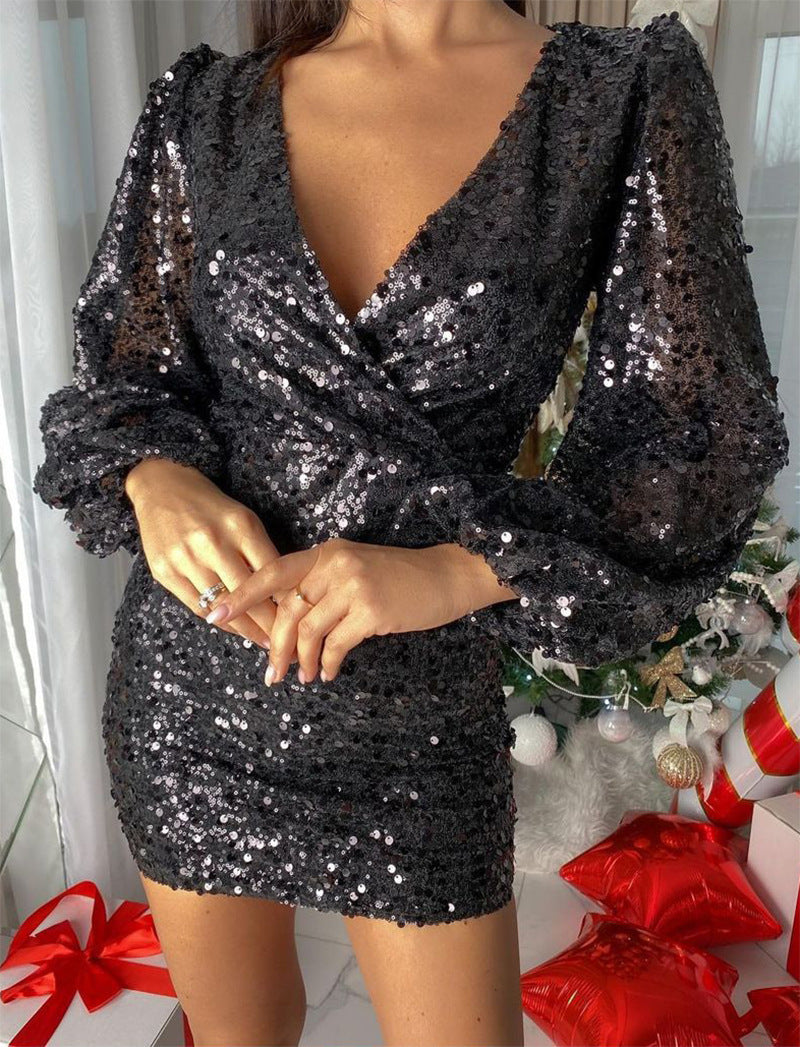 Damen Pailletten Kleid mit V-Ausschnitt und Puffärmeln Drune
