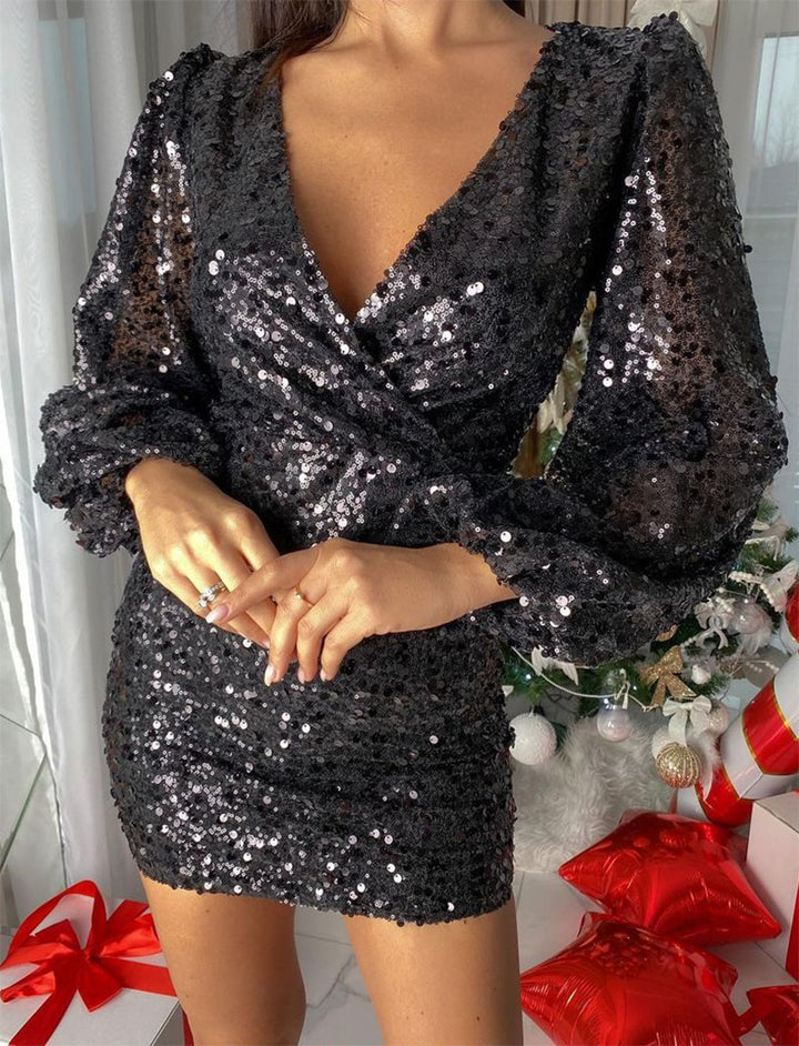 Damen Pailletten Kleid mit V-Ausschnitt und Puffärmeln Drune
