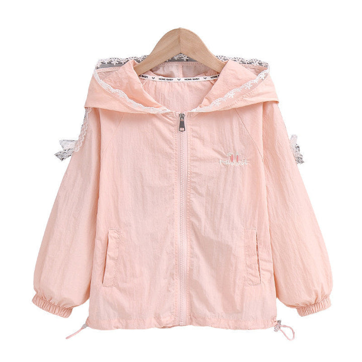Damen nan leichte Kapuzenjacke mit Spitzenbesatz und niedlicher Stickerei Drune