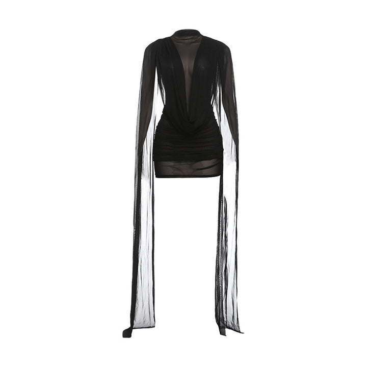 Damen elegantes Wickeloberteil mit tiefem V-Ausschnitt und langen Ärmeln Drune