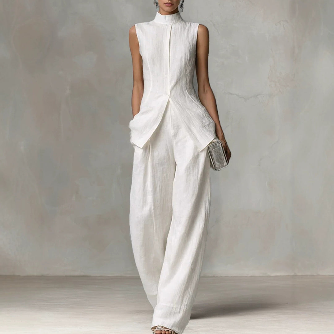 Damen Ärmelloser Leinen-Jumpsuit mit Stehkragen und weitem Bein Drune