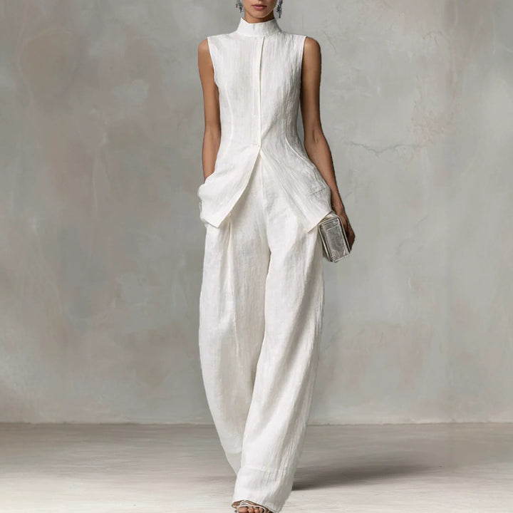 Damen Ärmelloser Leinen-Jumpsuit mit Stehkragen und weitem Bein Drune