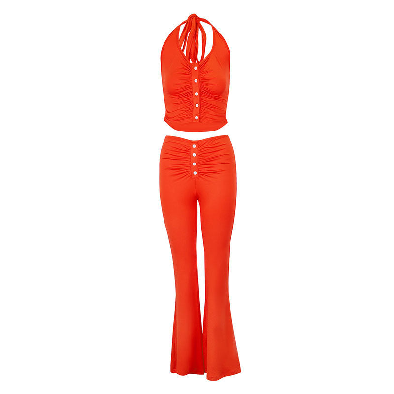 Damen Set aus gekräuseltem Top und flared Hose Drune