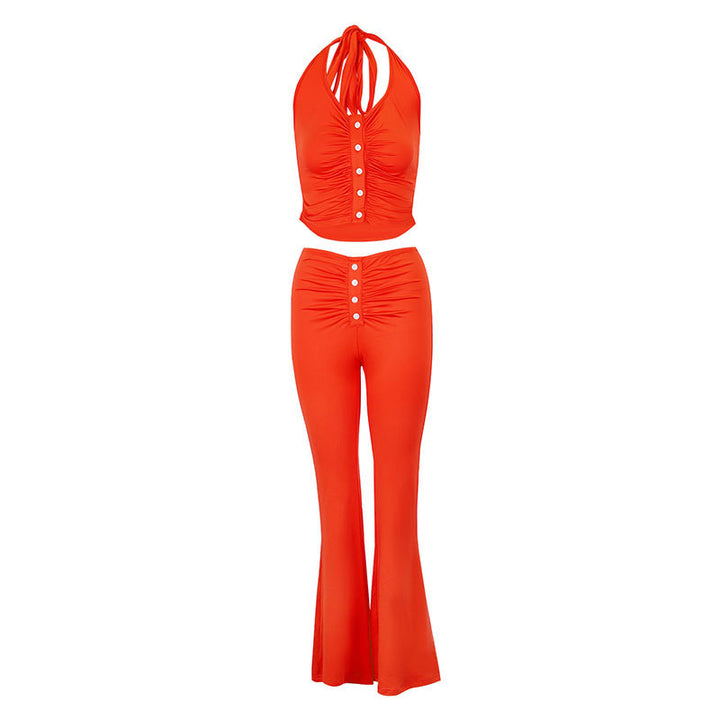 Damen Set aus gekräuseltem Top und flared Hose Drune