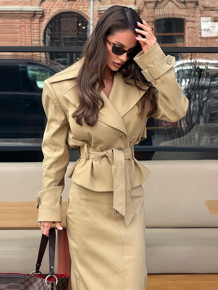 Damen Tailliertes Trench-Set mit Schößchen, Bindegürtel & Bleistiftrock Drune