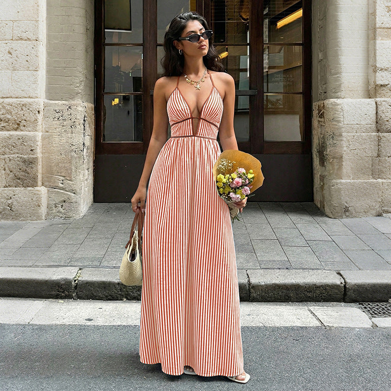Damen Maxi-Kleid mit tiefem V-Ausschnitt und raffiniertem Streifenmuster Drune