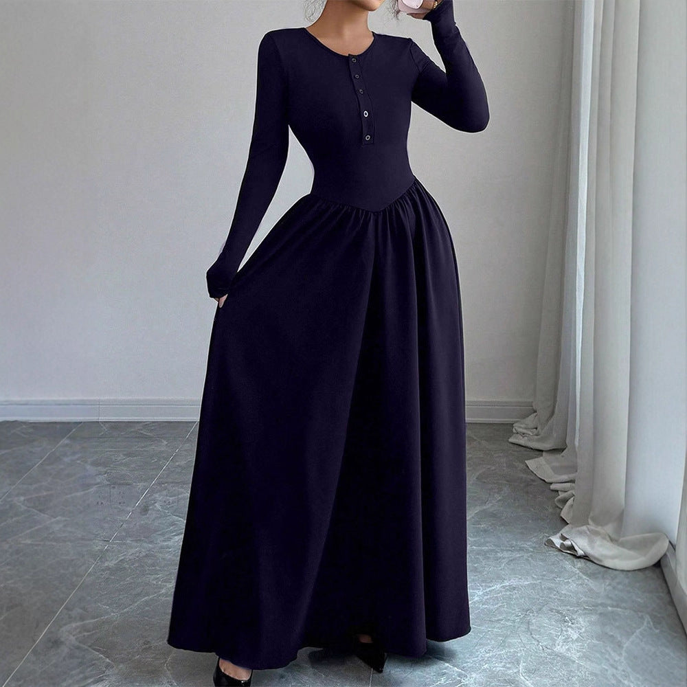 Damen Maxikleid mit eleganten Knopfdetails und fließendem Rockteil Drune