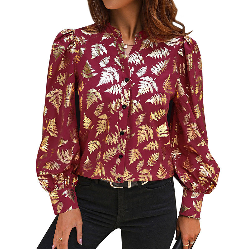 Damen Satin-Bluse mit metallischem Farnprint, Stehkragen & Puffärmeln Drune