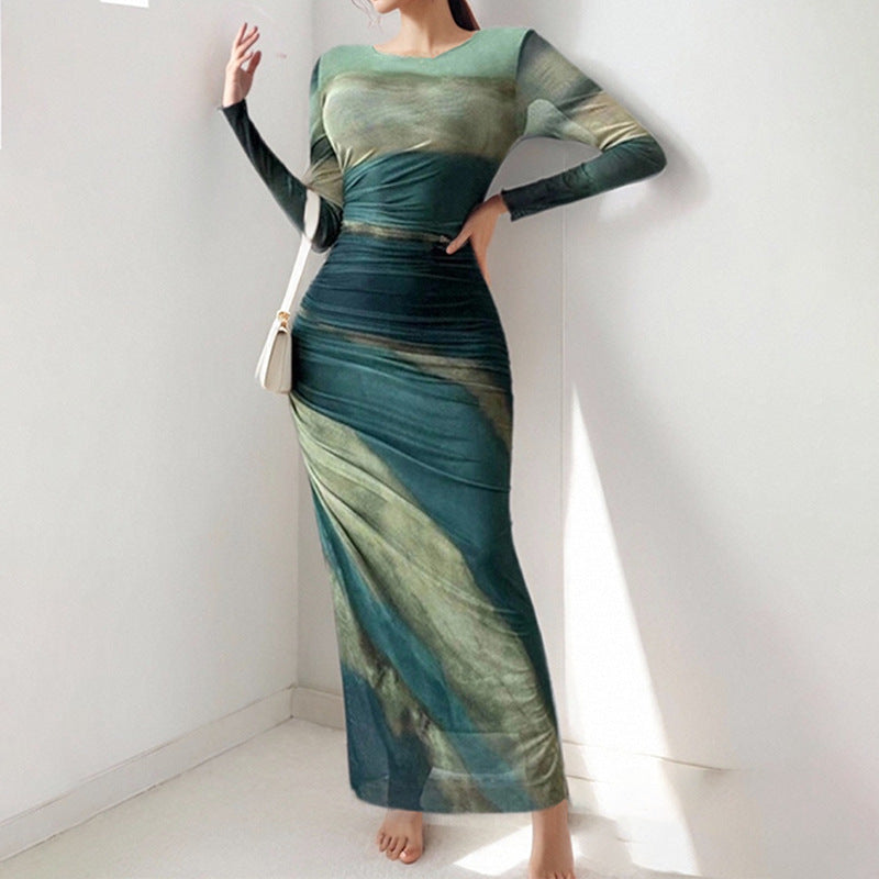 Damen Elegantes Maxikleid mit raffiniertem Drapierungseffekt und langem Arm Drune