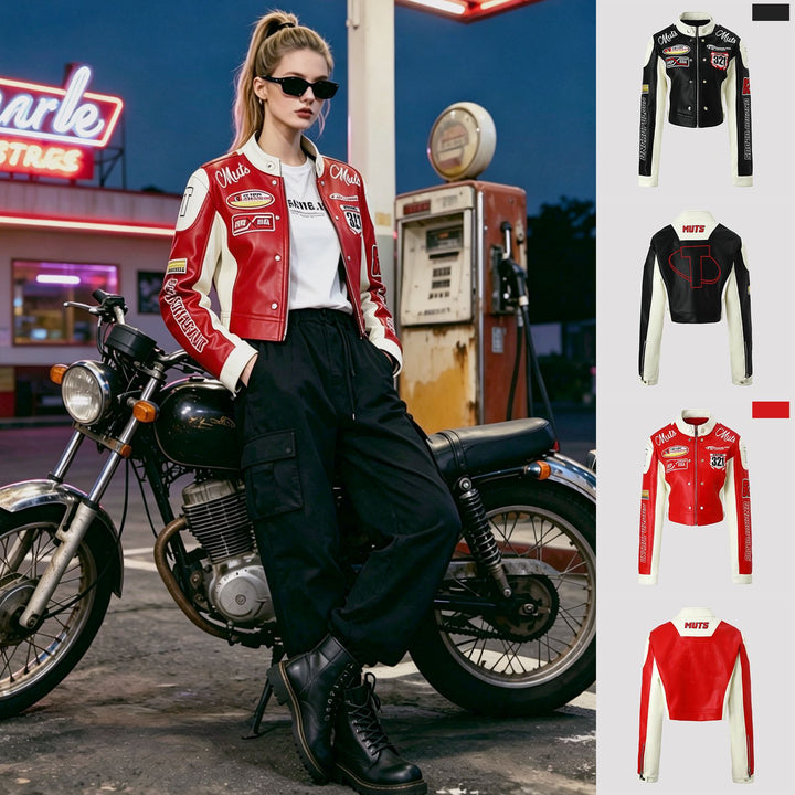 Damen Trendige Bikerjacke mit aufgestickten Patches Drune