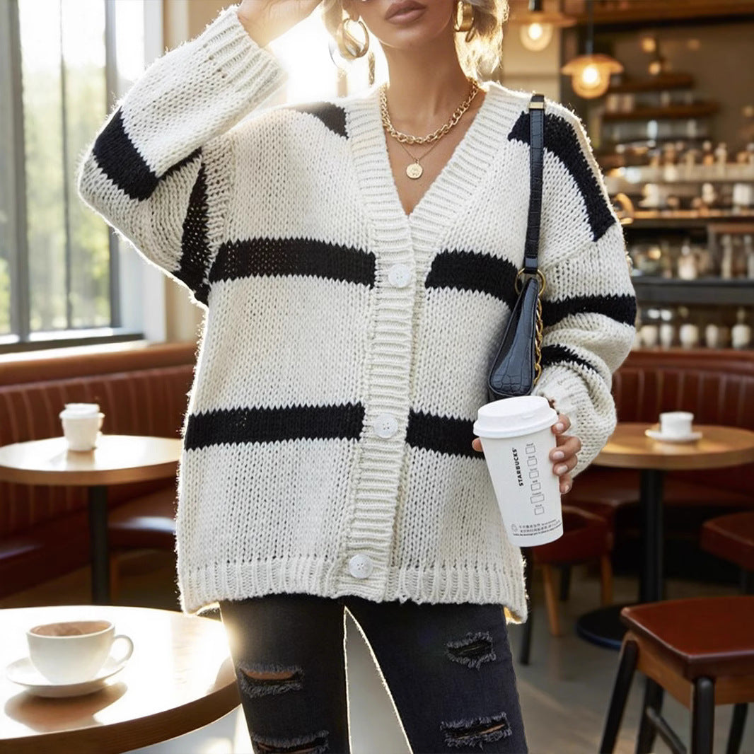 Damen Grobstrickjacke mit modischen Streifen Drune