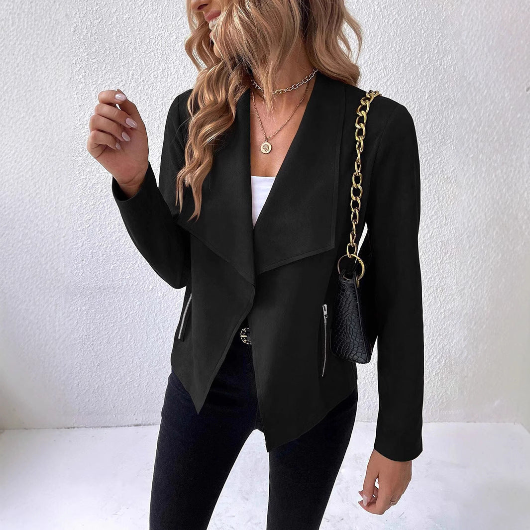 Damen eleganter Kurz-Blazer mit asymmetrischem Schnitt und Reißverschlusstaschen Drune