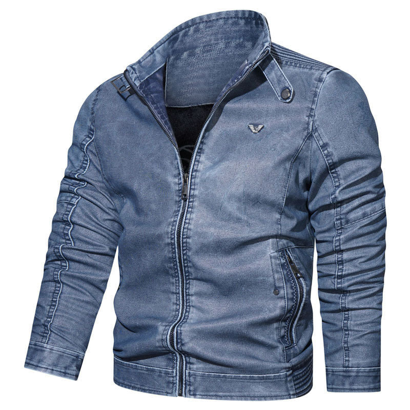 Herren Vintage-Kunstleder-Pilotenblouson mit verstellbarem Stehkragen und Reißverschlusstaschen Drune