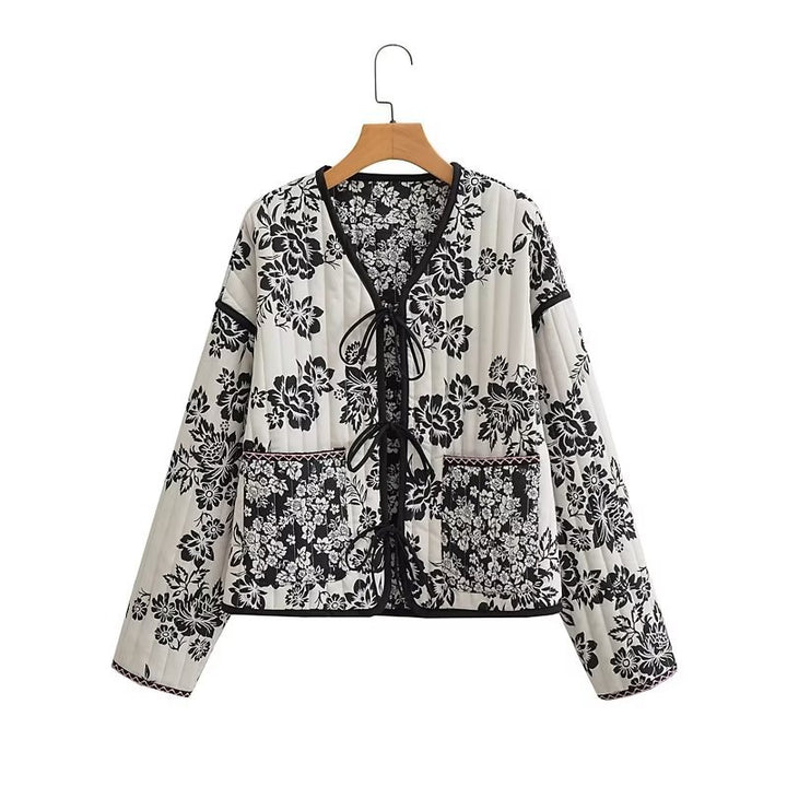 Damen Gestepptes Kurzblouson mit floralem Allover-Print und Bindeschleifen Drune