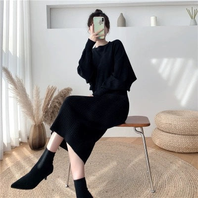 Damen elegante Strickkleid mit Ribstruktur und voluminösen Ärmeln Drune